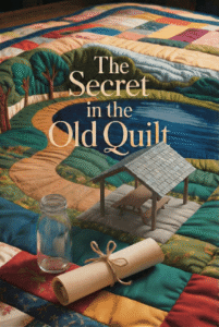 Image of a quilt with the words The Secret in the Old Quilt embroidered on the quilt. The quilt depicts a path along a lake with a picnic pavilion and in front of the quilt there is an empty, small, glass, milk bottle and a rolled up scroll.